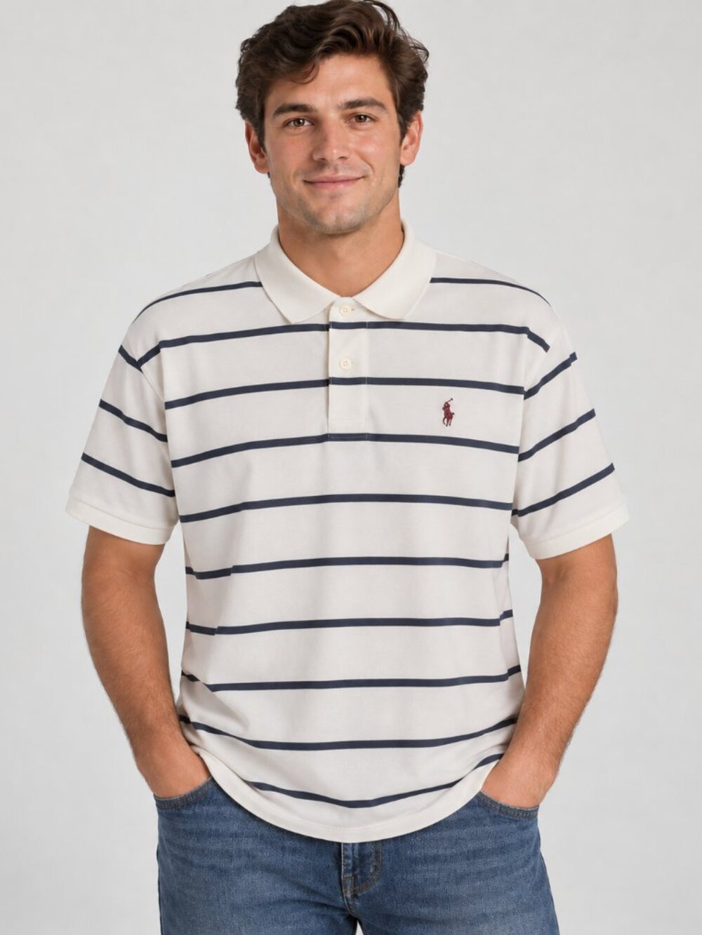 Polo Ralph Lauren Men’s L White Navy Striped Polo Shirt Red Pony Cotton
